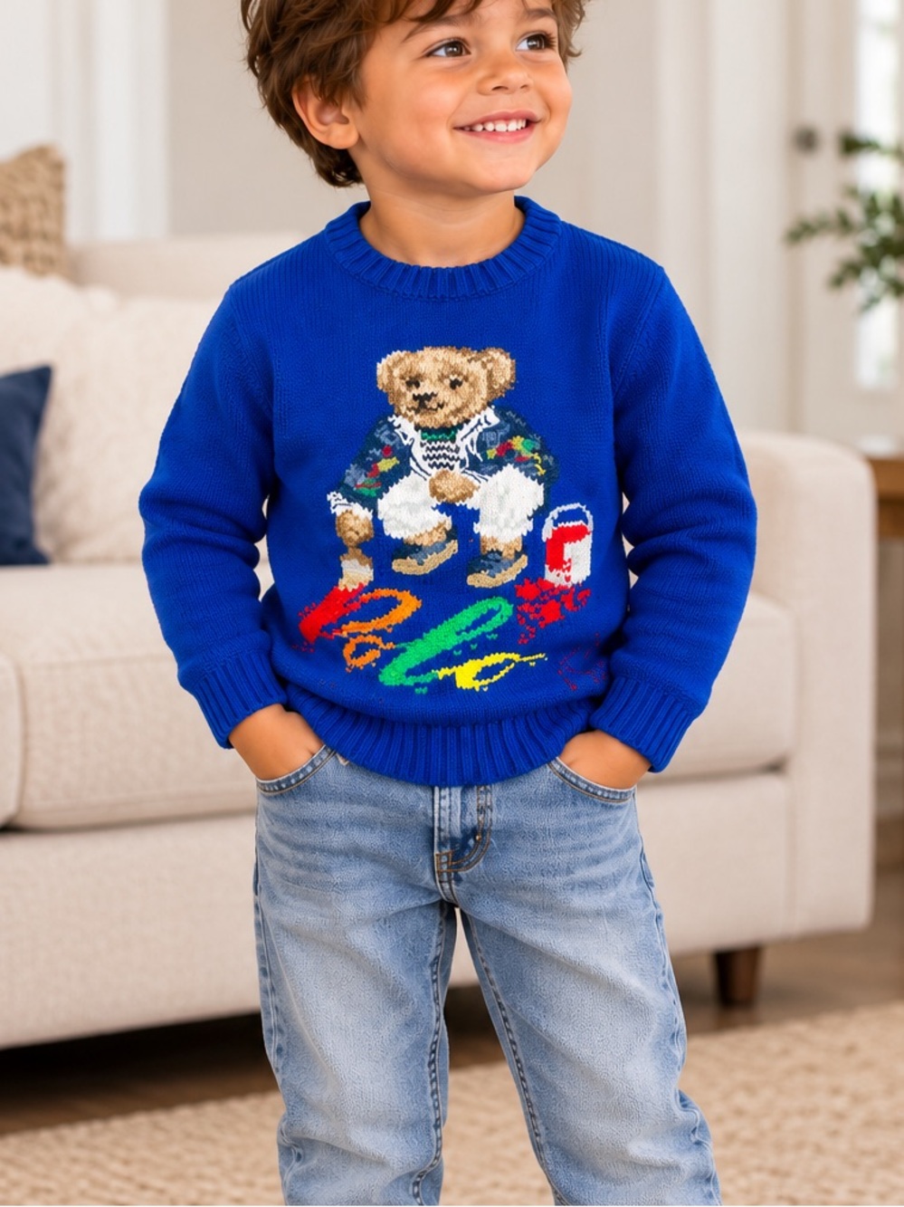 Polo Ralph Lauren Boys Size 5 Blue Polo Bear Graphic Knit Sweater